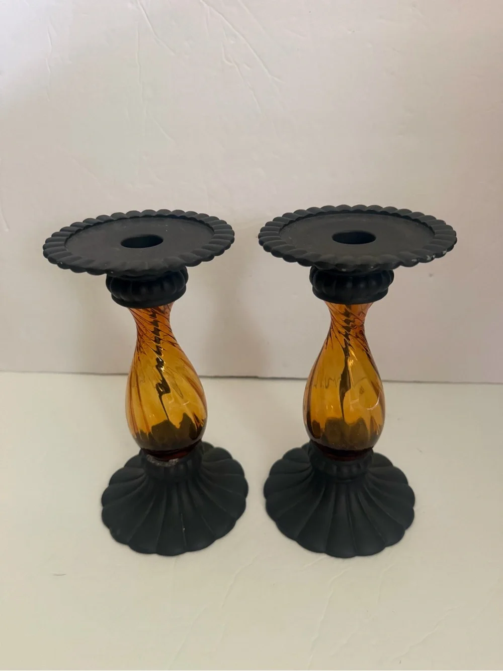 PartyLite Pair Amber Glass Candleholders with Black Bases 8” - Picture 13 of 16